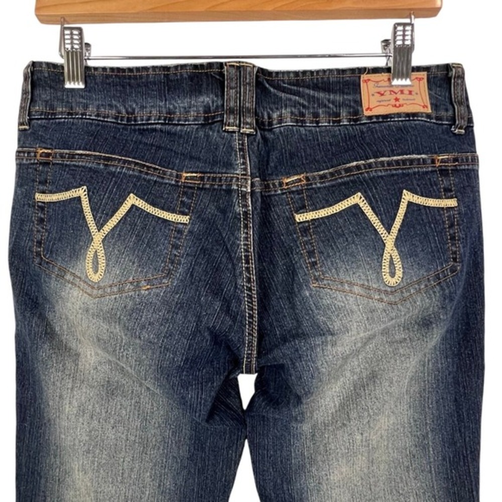 NEW Y2K YMI LOW RISE 2 Button Flap‎ Dark Wash Distressed FLARE JEANS 5